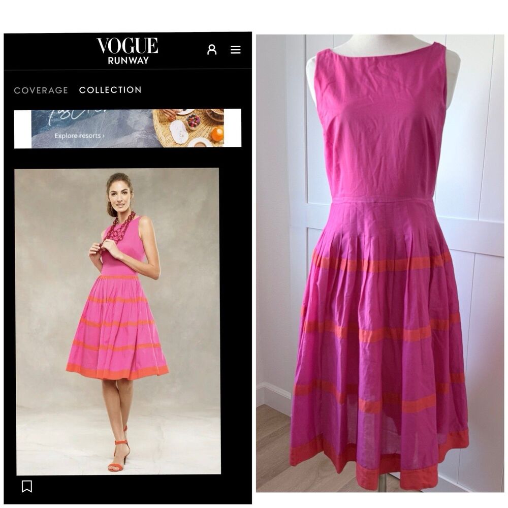 Talbots Fit & Flare Midi Dress 4 Pink Orange Striped Preppy Wedding Vogue Oprah - Picture 15 of 15